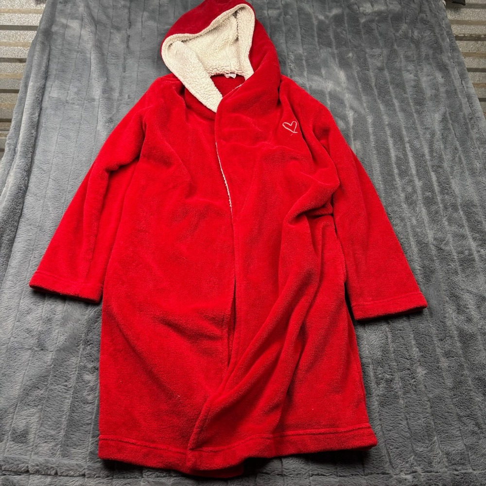 Victorias Secret Red Plush Fleece Robe Sherpa Hood Heart Embroidered ML 14406